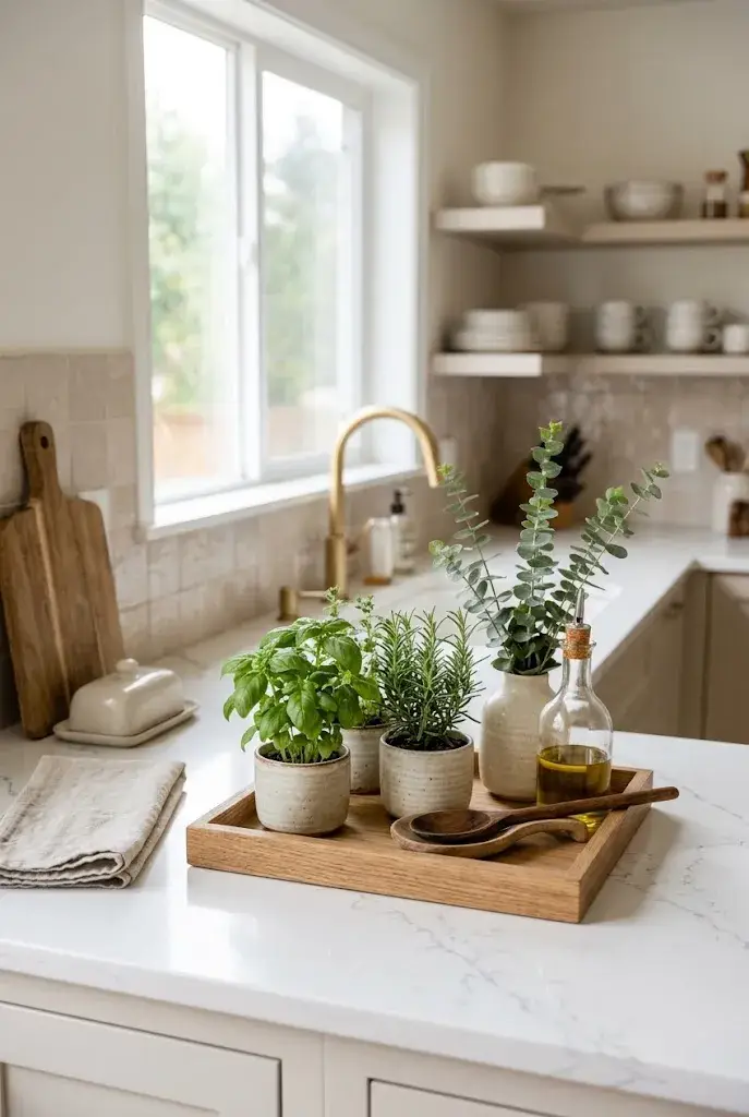 Fresh greenery and herbs adding a natural touch to kitchen counter decor.