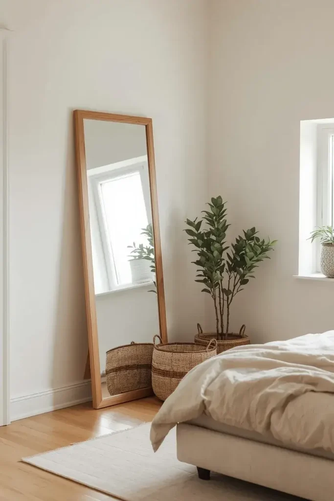 Full-length wood framed mirror leaning in the corner of a bright neutral bedroom.
