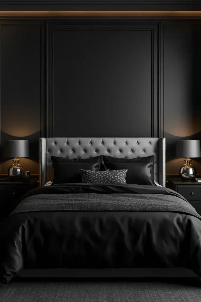 Glamorous bedroom with a black accent wall and silver upholstered headboard.
