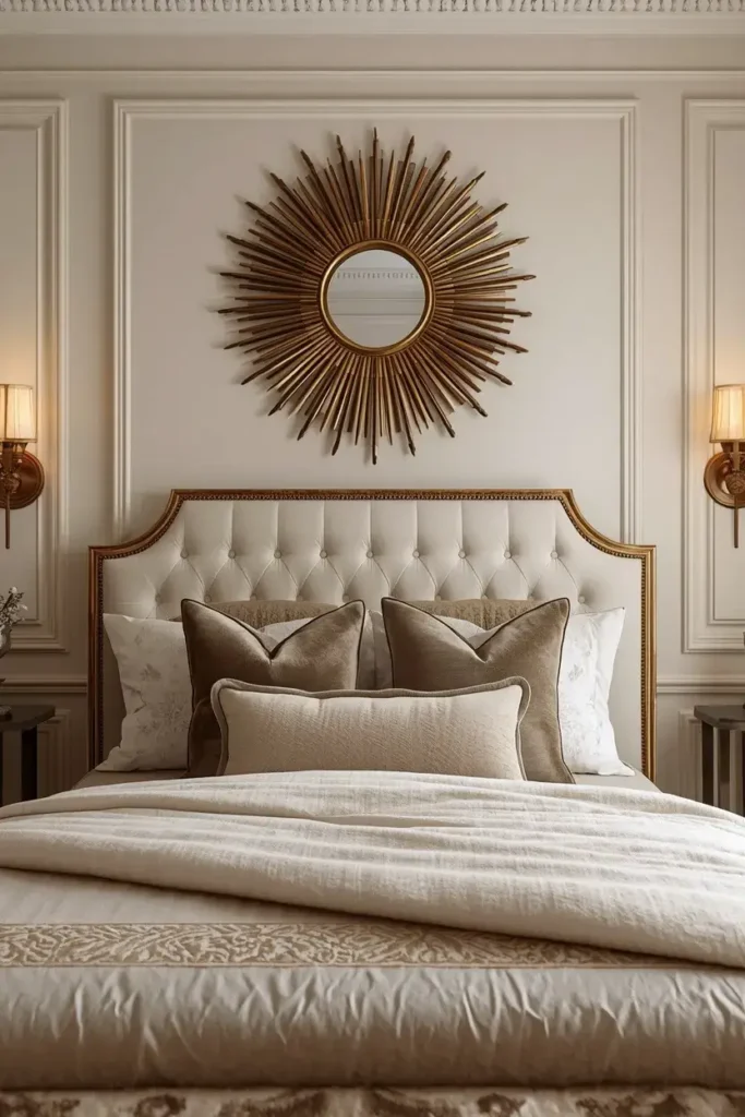 Gold sunburst mirror above a cream upholstered bed in an elegant bedroom.