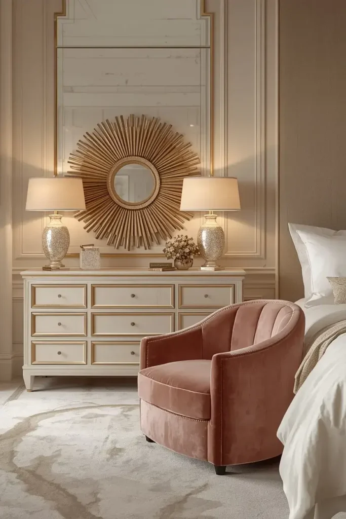 Gold sunburst mirror creating a glamorous focal point above a cream dresser.