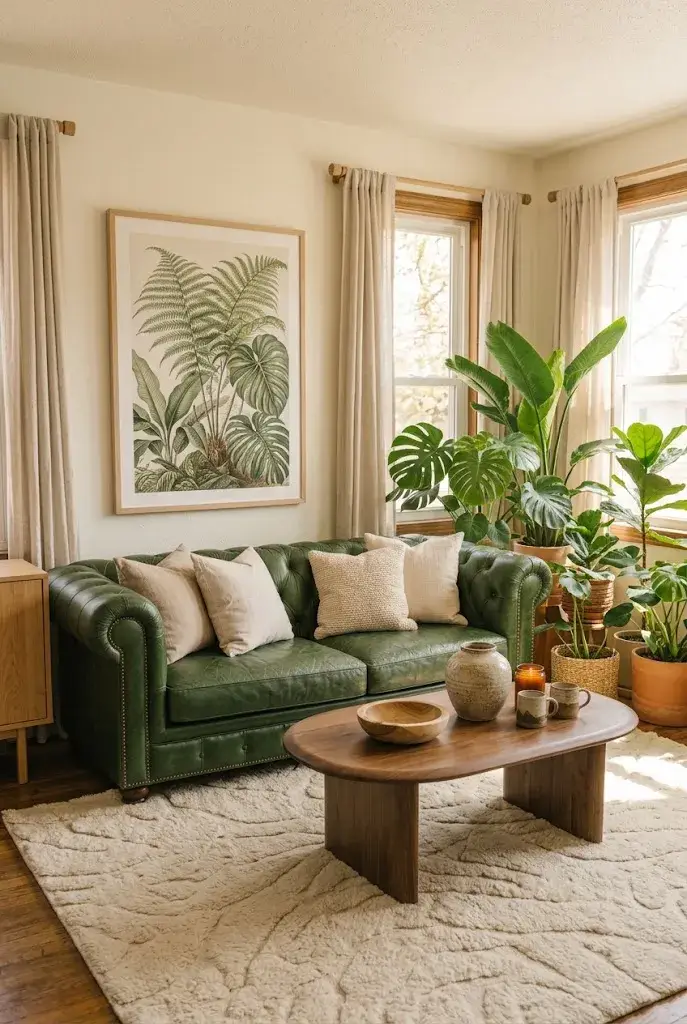 Green leather couch living room with botanical wall art, leafy indoor plants, wooden furniture, and natural decorations