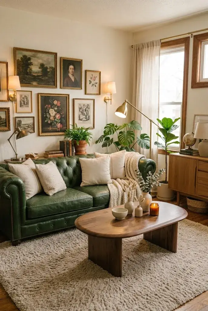 Green leather couch living room with cream cushions, beige rug, knitted throw, and elegant neutral decorations.