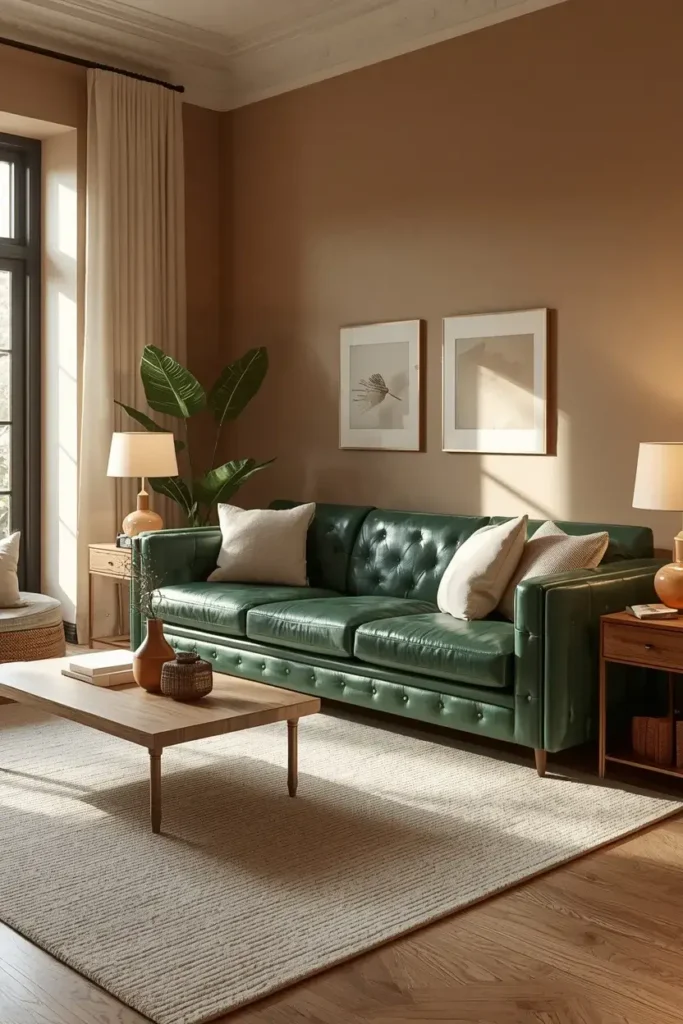 Green leather couch living room with warm beige walls, natural wood coffee table, cream rug, and cozy neutral decorations.