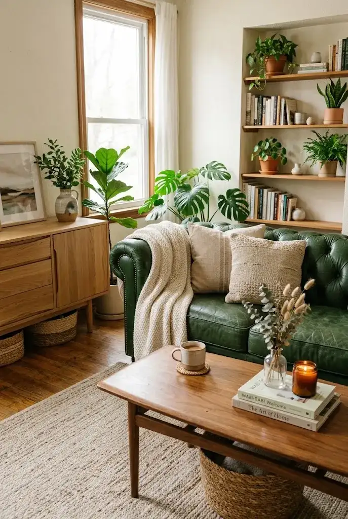 Green leather couch with natural wood furniture, walnut coffee table, woven baskets, and warm earthy living room decor.