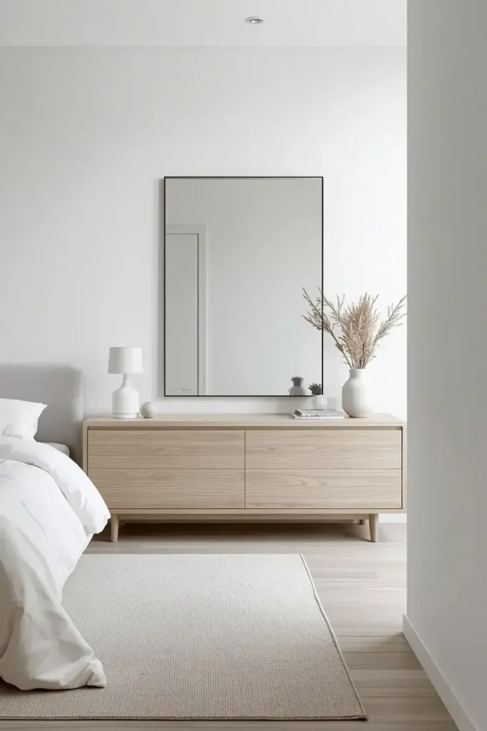 Large frameless mirror above a light wood dresser in a minimalist bedroom.