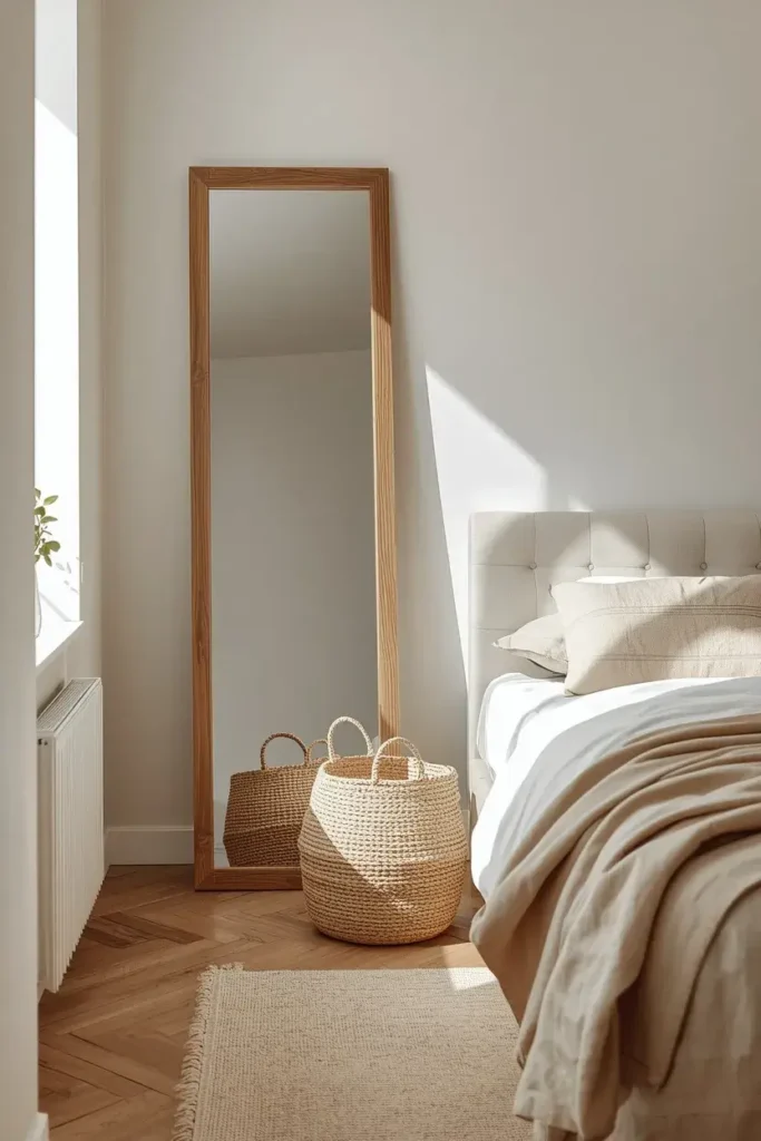 Large natural wood leaning floor mirror beside a window in a cozy bedroom.