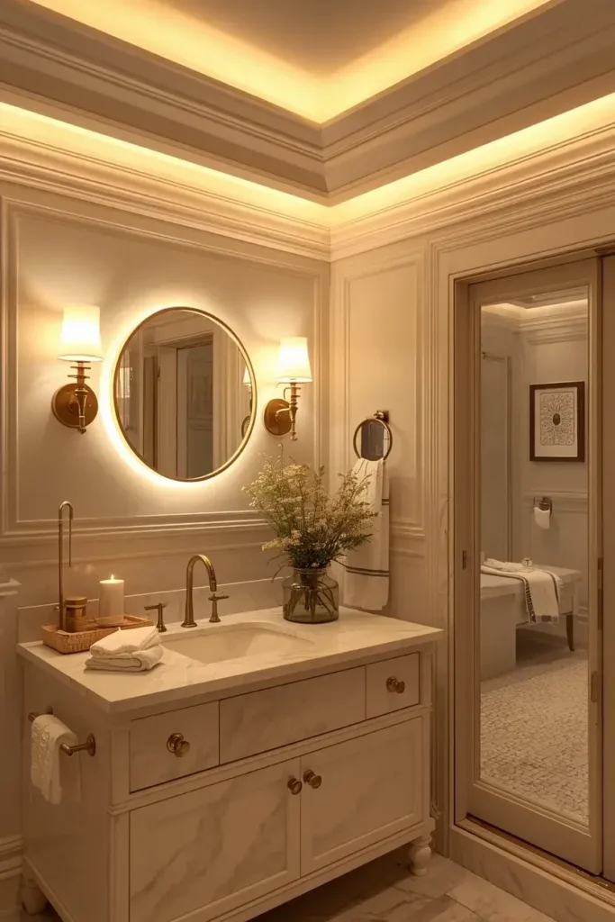 Layered warm lighting creates a cozy and relaxing atmosphere in a white bathroom.