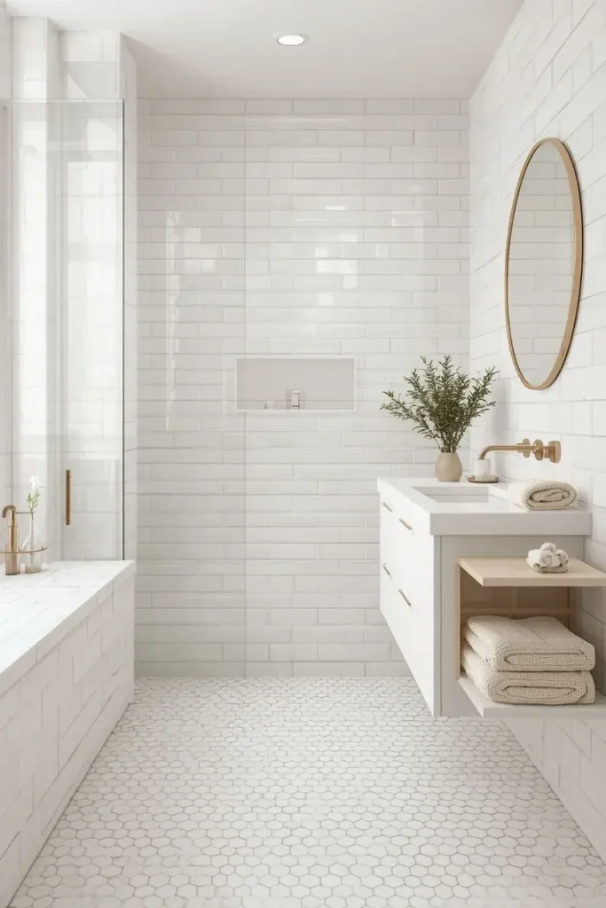 Layered white tiles create subtle texture in a bright modern bathroom.