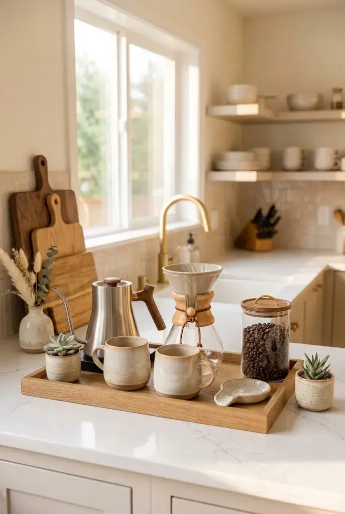 Layered wooden cutting boards decorating a kitchen counter backsplash.