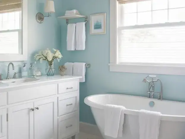 Light blue bathroom walls with a white bathtub, white towels, natural wood accents, and warm lighting.