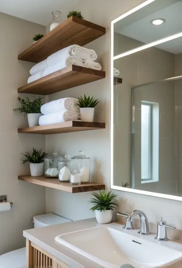 Light blue bathroom with natural wooden floating shelves styled with white towels, ceramic containers, and green plants.