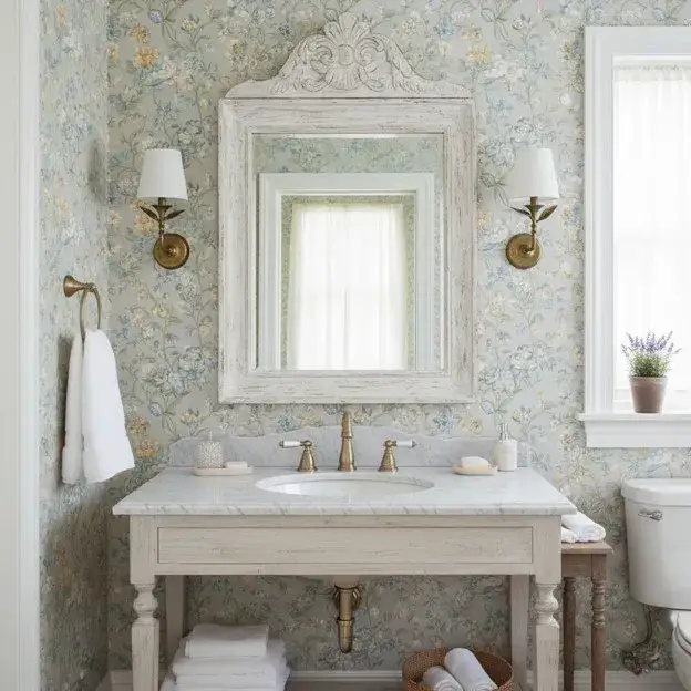 Light blue floral wallpaper bathroom with a white vanity, vintage mirror, delicate green leaves, and romantic decor.