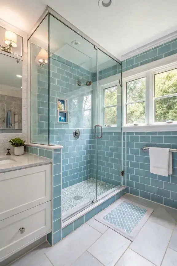 Light blue subway tile shower with white grout, glass doors, chrome fixtures, and bright white bathroom flooring.