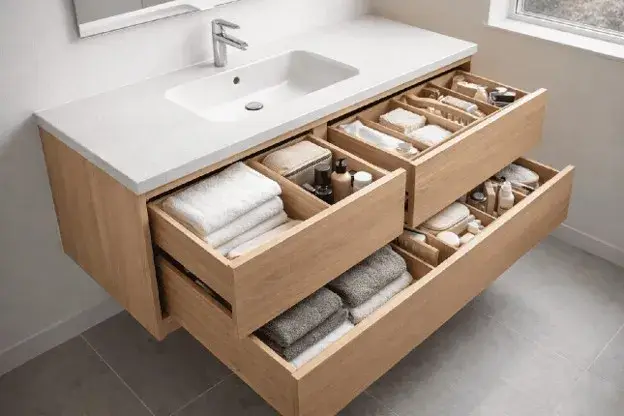 Light oak bathroom cabinet with built-in drawers and organized storage compartments.