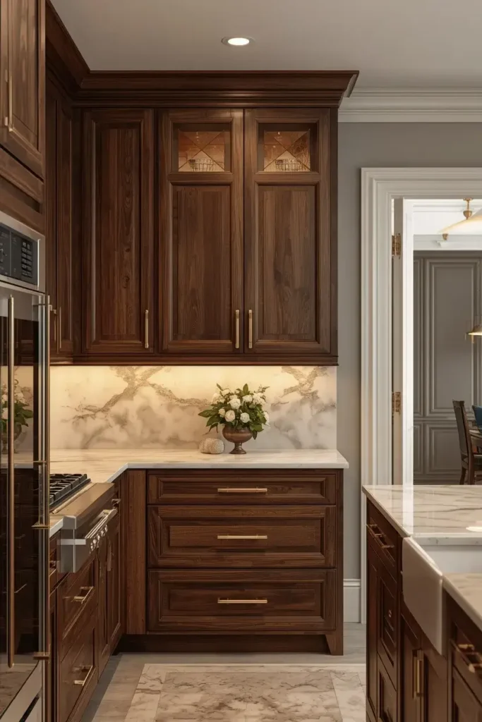 Luxurious kitchen featuring dark walnut cabinets, marble countertops, and brass hardware.