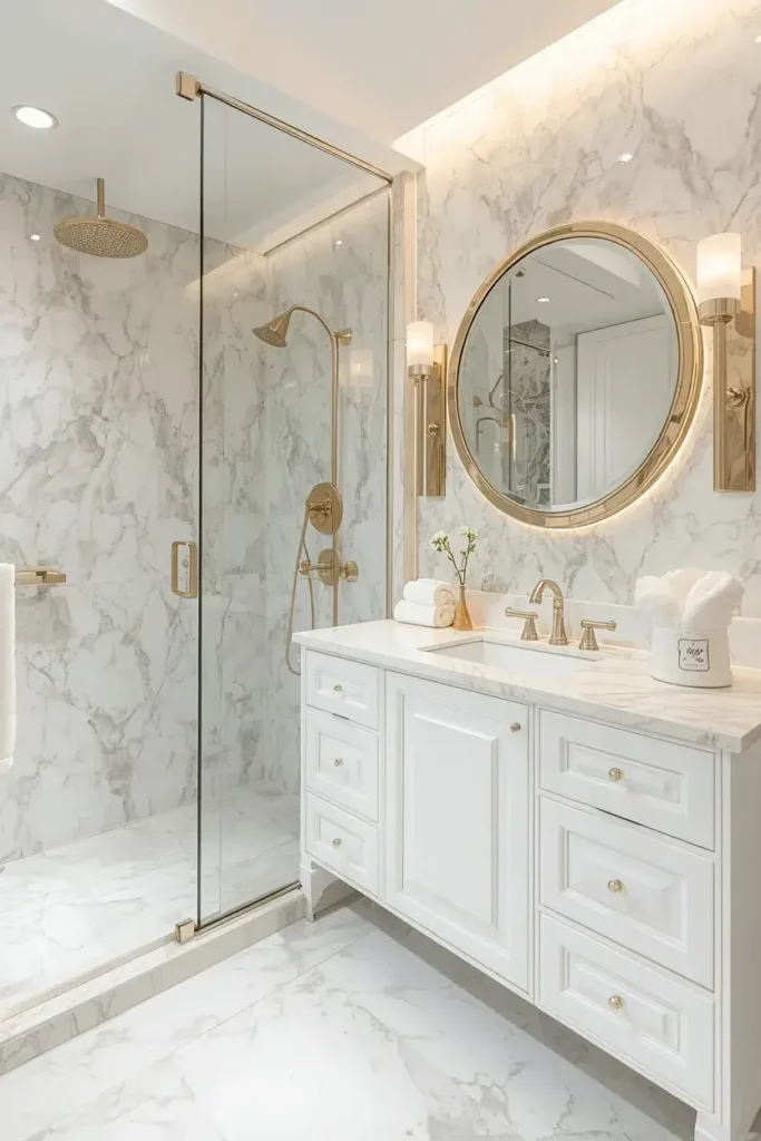 Luxury bathroom with marble-inspired wallpaper, white vanity, elegant fixtures, and subtle gray veining