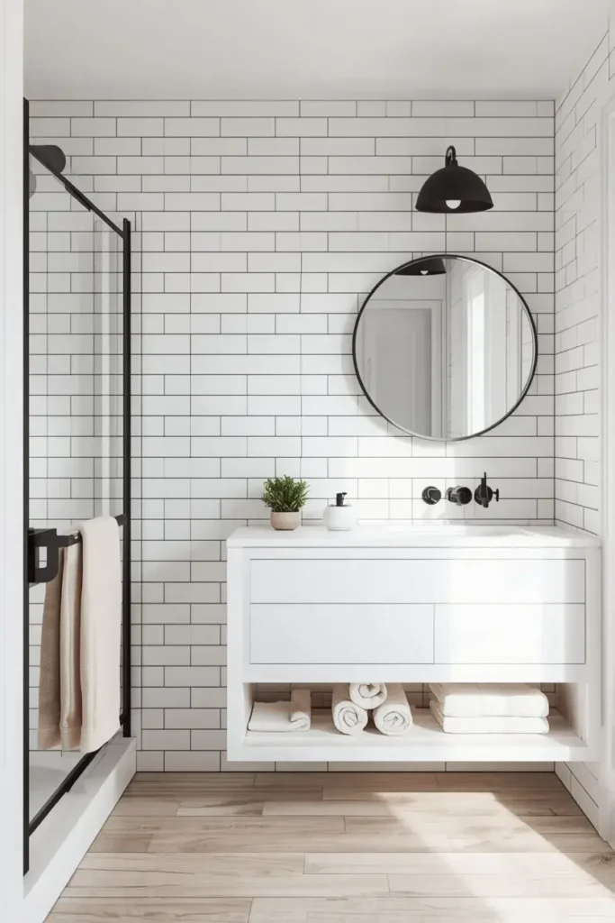 Matte black accents add modern contrast to a crisp white bathroom.