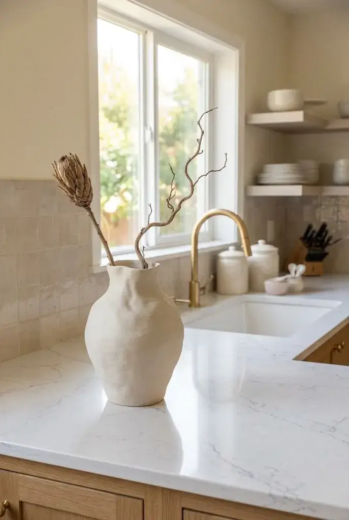 Minimal kitchen counter featuring one elegant statement decor piece.