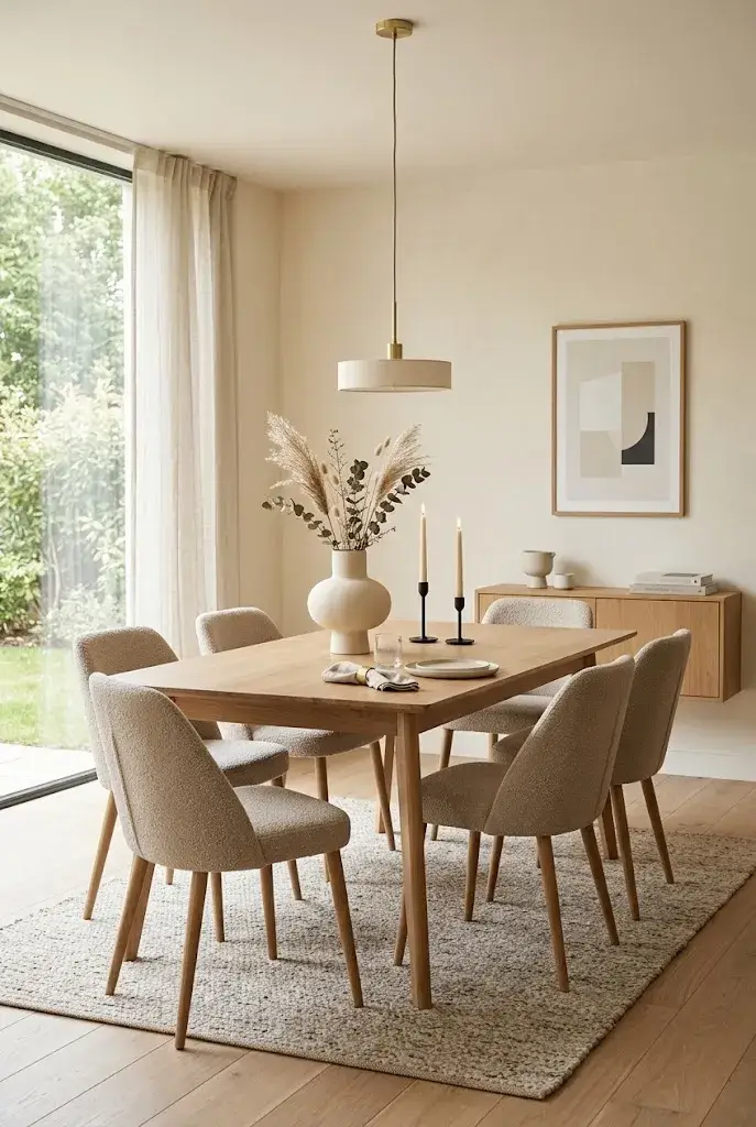 Minimal modern dining room with simple intentional decor and warm neutral styling.