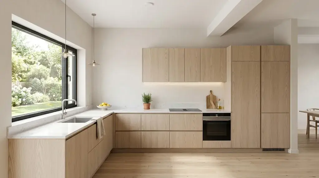 Minimalist kitchen with light ash wood cabinets, white countertops, and clean lines.