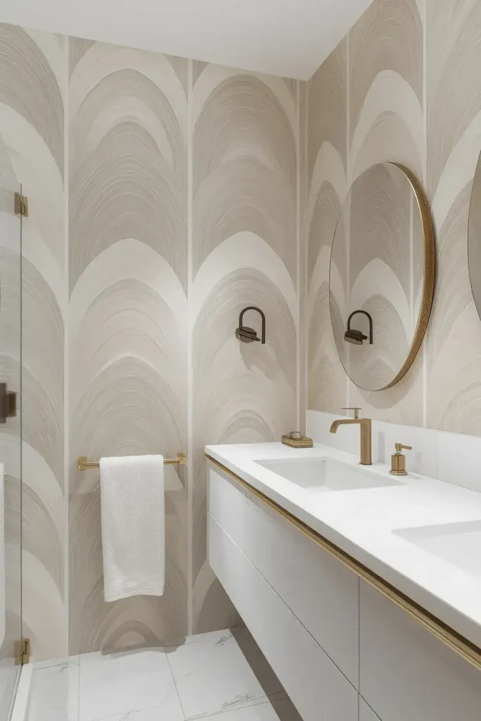Modern bathroom with neutral geometric wallpaper, floating vanity, round mirror, and minimalist brass fixtures.