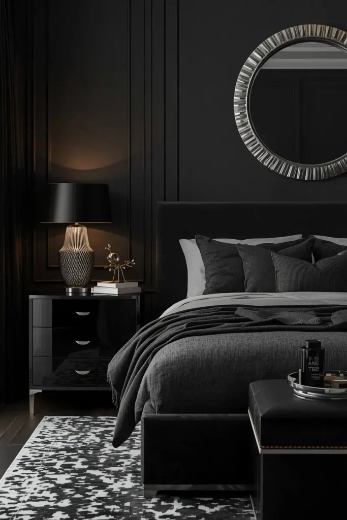 Modern black bedroom furniture decorated with elegant silver metallic details.
