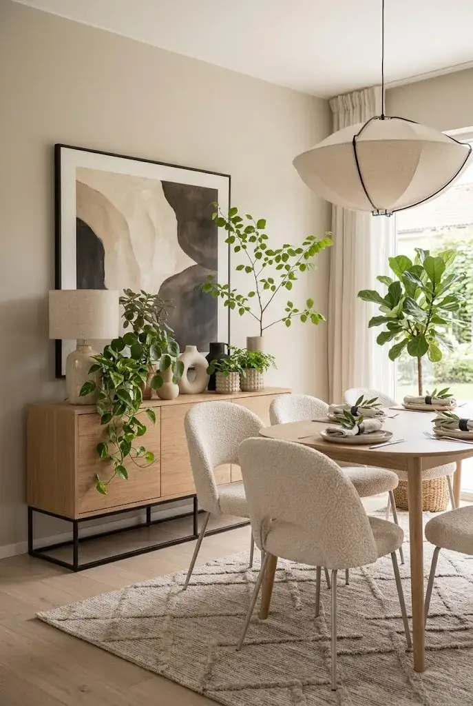 Modern dining room decorated with greenery, natural wood, and organic accessories.