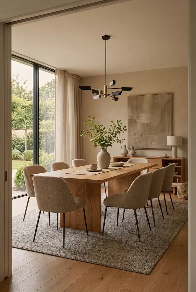 Modern dining room decorated with warm natural wood accents and neutral furnishings