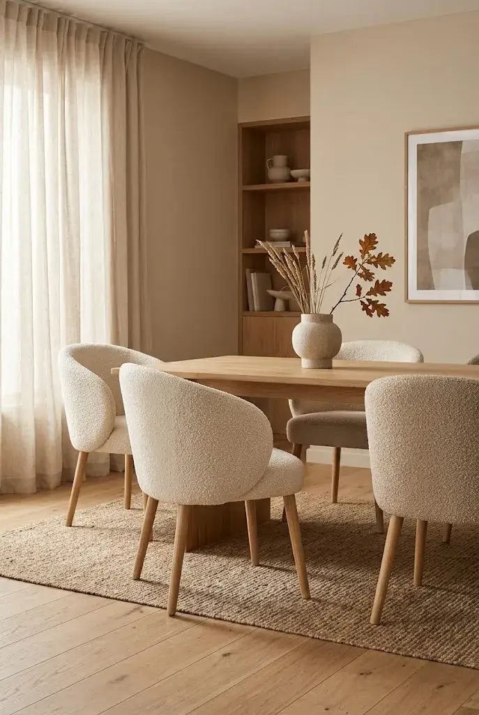 Modern dining room featuring comfortable cream upholstered dining chairs.