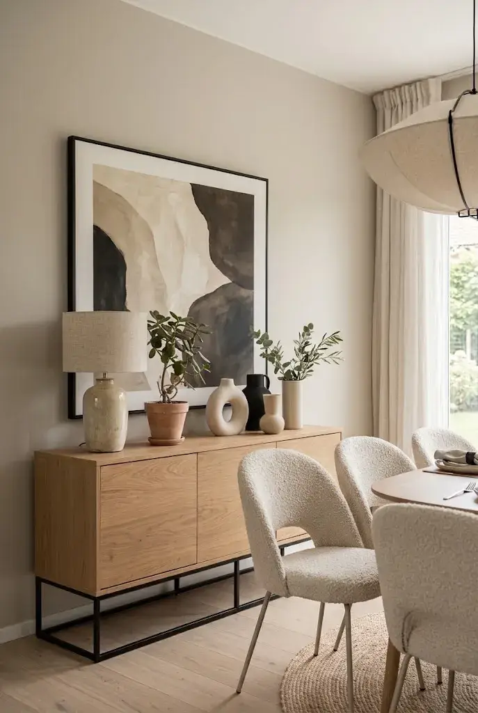  Modern dining room featuring oversized abstract artwork above a wooden sideboard.