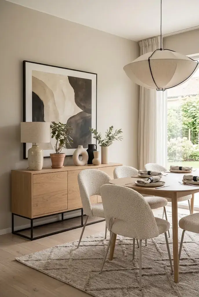 Modern dining room with a neutral textured rug beneath the dining table.