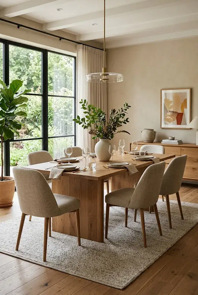 Modern dining room with a sleek natural wood dining table and neutral chairs.