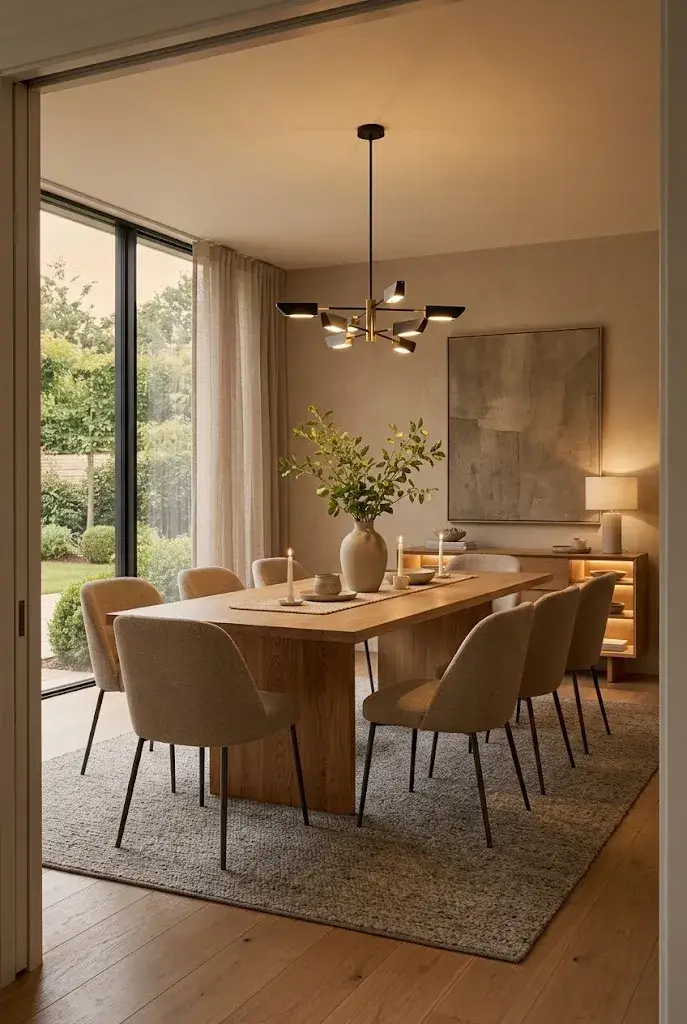  Modern dining room with a stylish statement pendant light above the dining table.