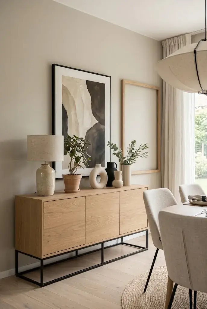Modern dining room with a stylish wooden sideboard and minimalist decor