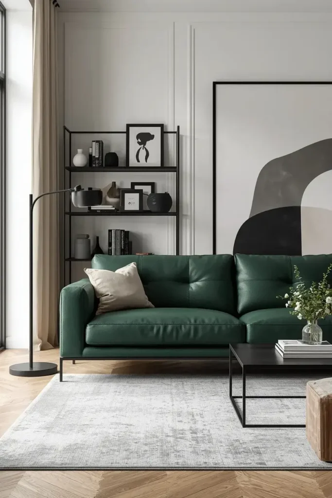 Modern green leather couch living room with black metal accents, gray rug, minimalist furniture, and contemporary decorations