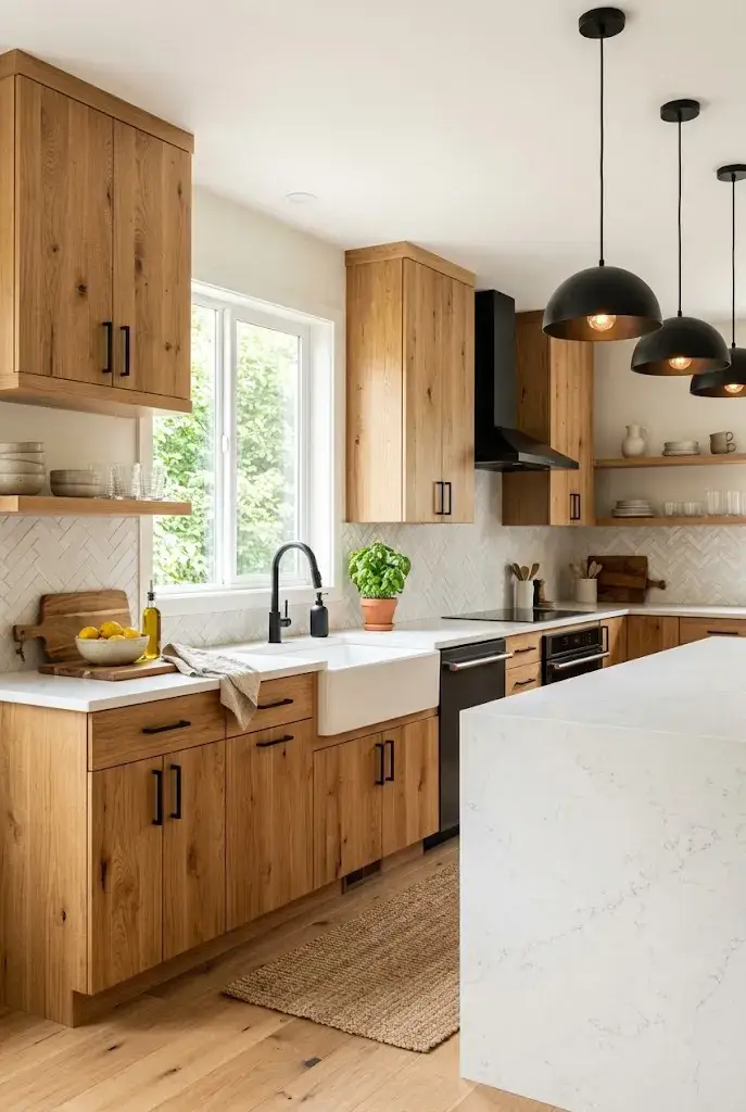 Modern kitchen with honey oak cabinets and contrasting matte black hardware.