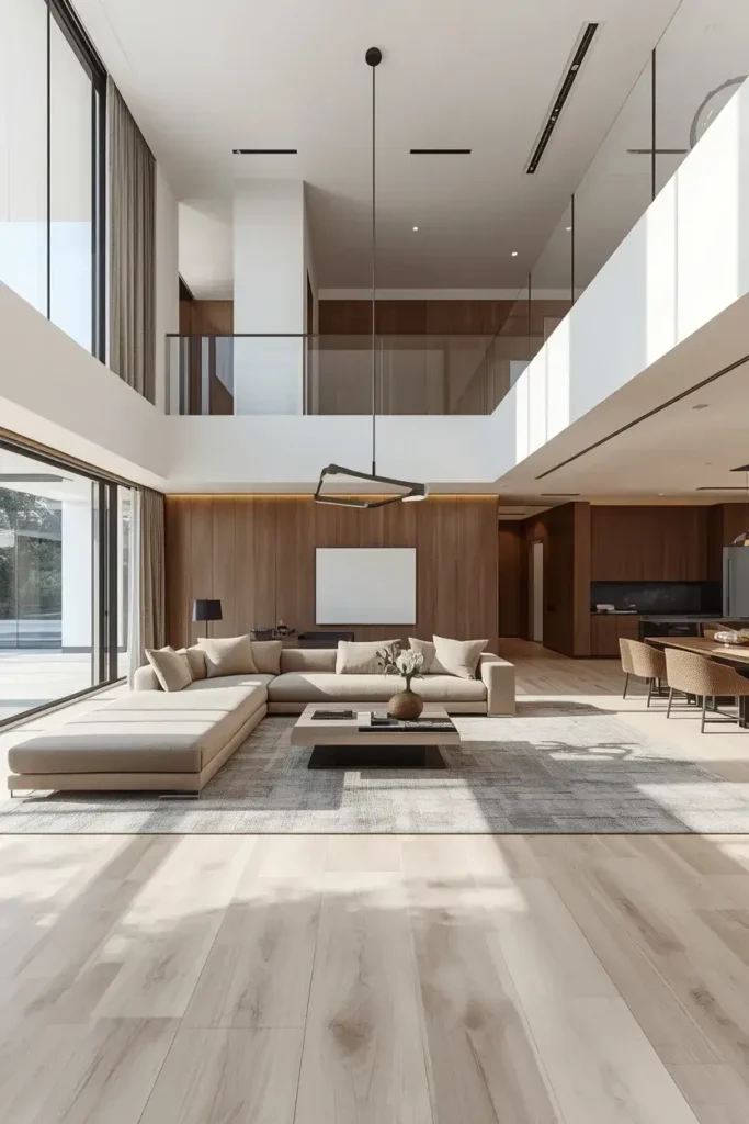 Modern sunken living room with greige sectional, minimalist furniture, and large windows.