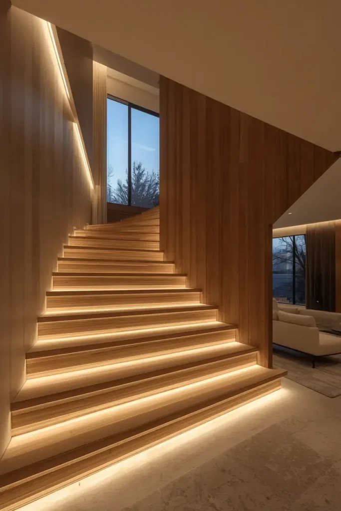 Modern sunken living room with illuminated wooden steps and elegant neutral furniture.