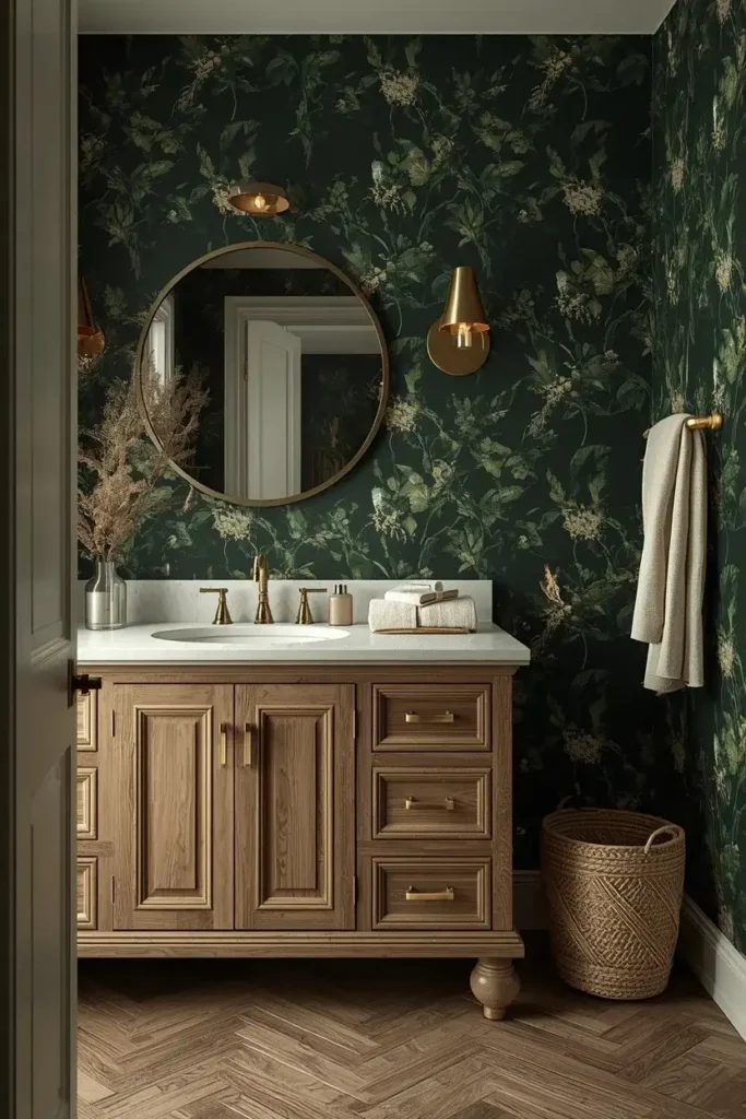 Moody green wallpaper bathroom with botanical pattern, cream vanity, wood accents, and warm brass lighting.