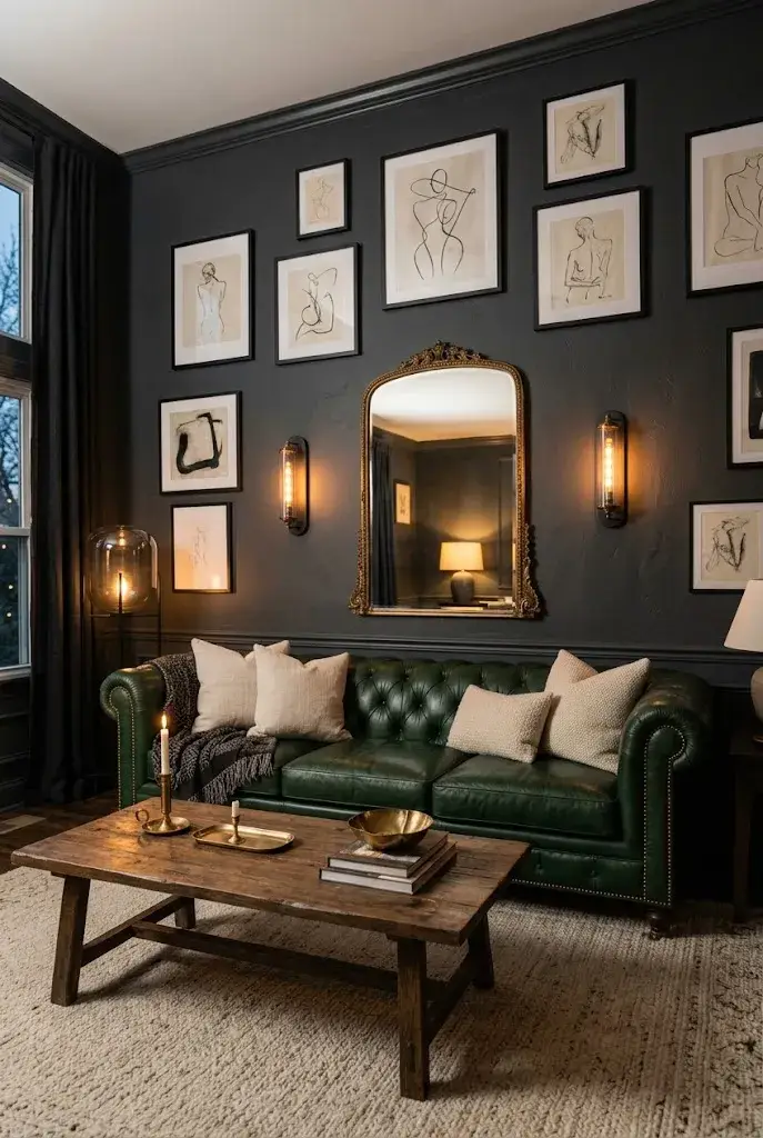 Moody living room with green leather couch, charcoal walls, brass lighting, dark wood furniture, and cream rug.