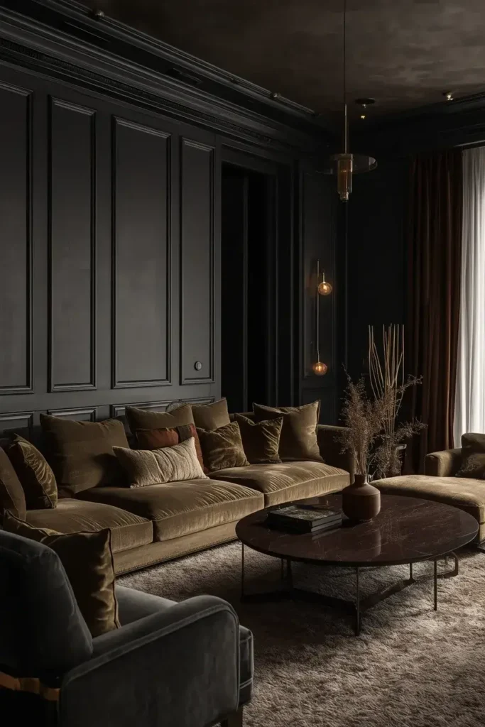 Moody sunken living room with charcoal walls, olive velvet seating, and brass accents.