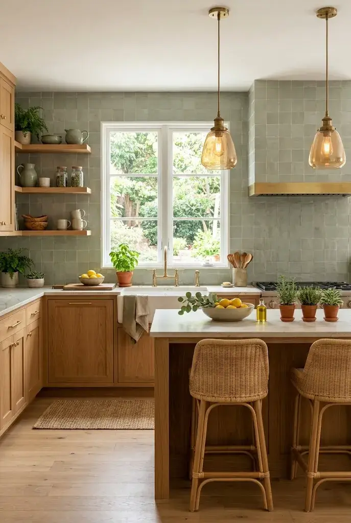 Natural kitchen with warm wood cabinets, sage green accents, and brass hardware.