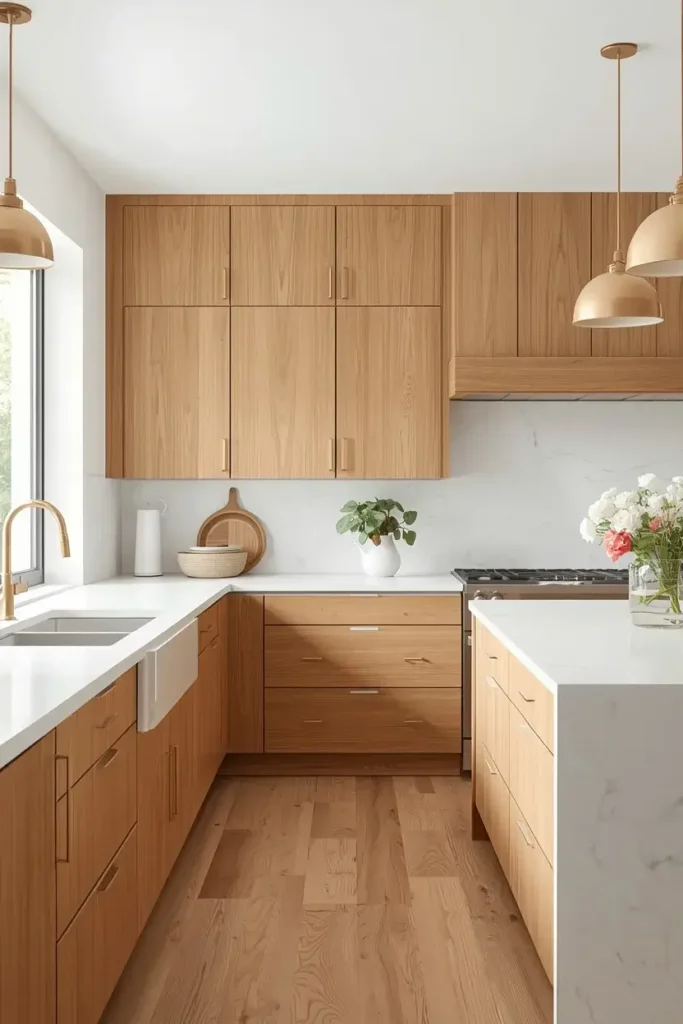 Natural oak wood cabinets with white quartz countertops in a bright modern kitchen.