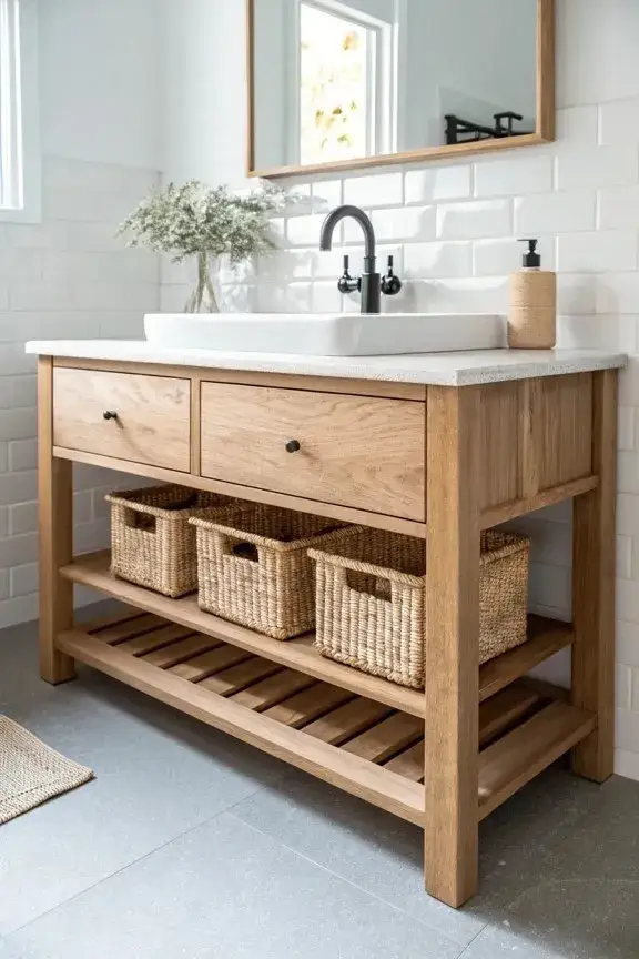 Natural wood bathroom cabinet with open shelves, woven baskets, folded towels, and decorative greenery.