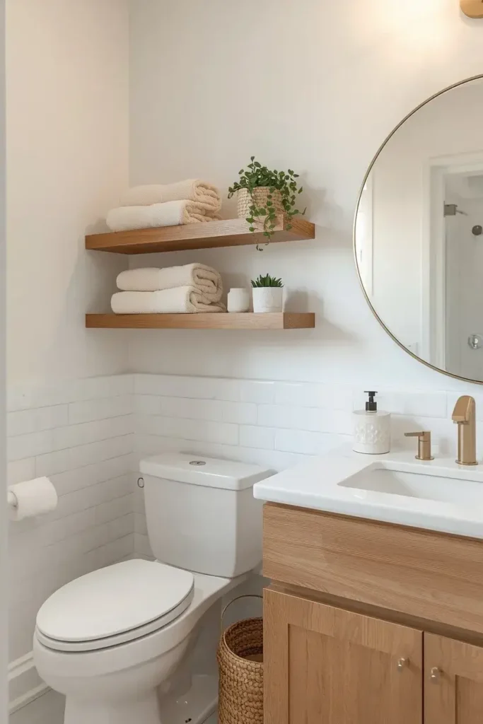 Natural wood floating shelves provide stylish storage in a white bathroom.