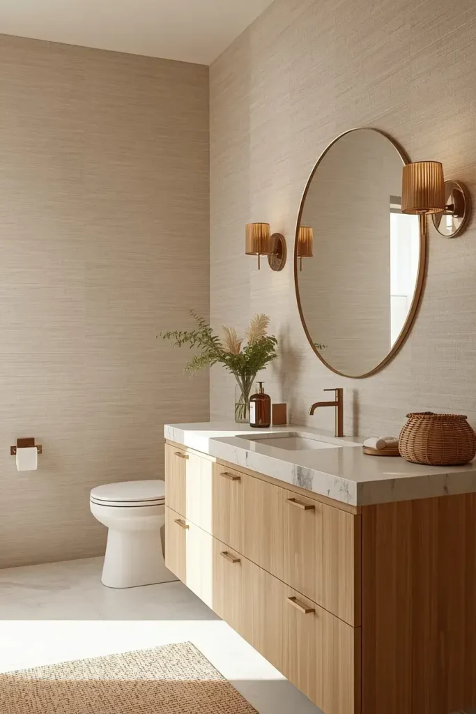 Neutral textured wallpaper bathroom with beige walls, oak vanity, natural stone countertop, and warm lighting.