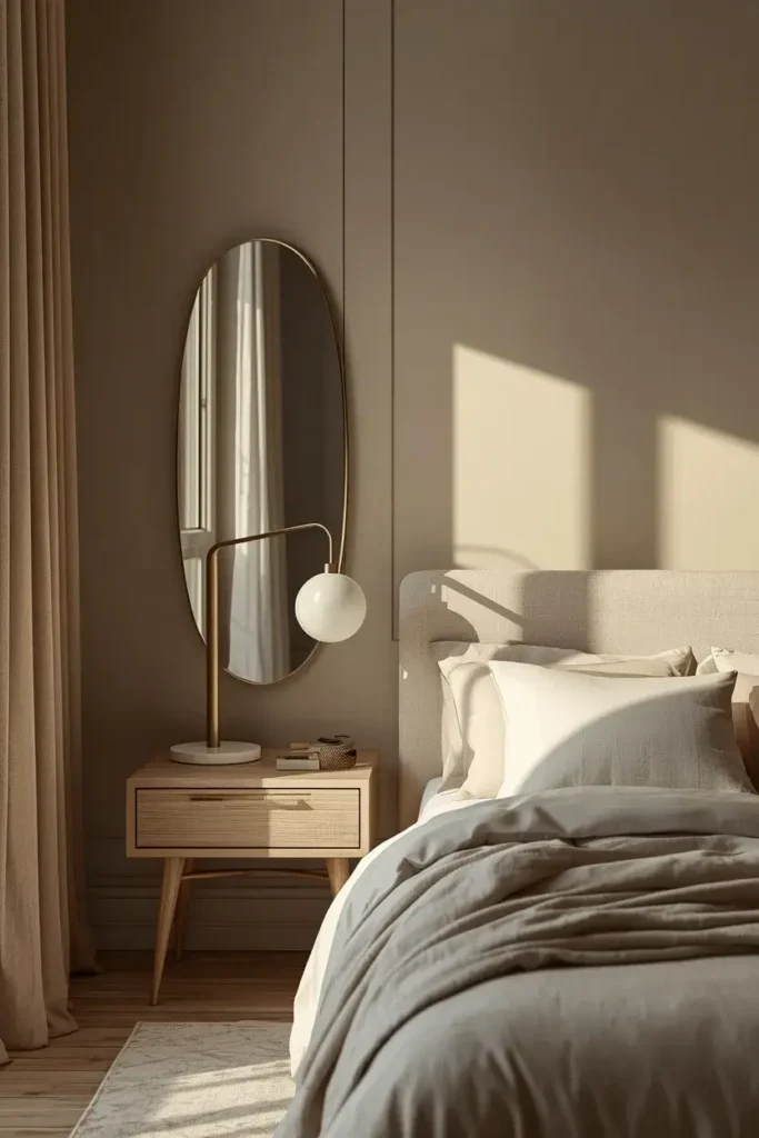Oval brass framed mirror hanging beside the bed in a soft neutral bedroom.