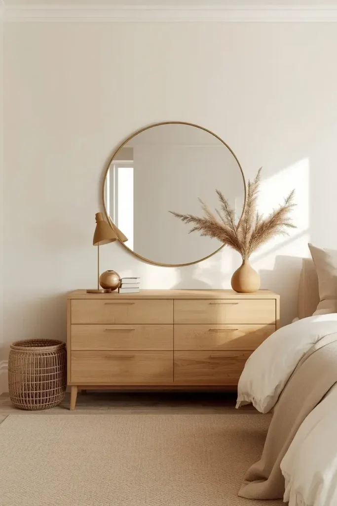 Oversized round brass mirror above a wooden dresser in a cozy neutral bedroom.