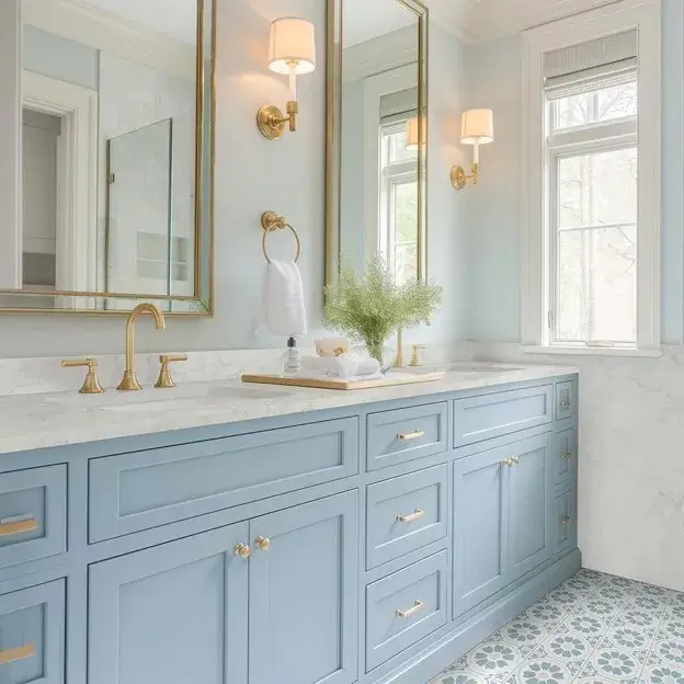 Powder blue bathroom vanity with gold hardware, white marble countertop, rounded mirror, and brass faucet.